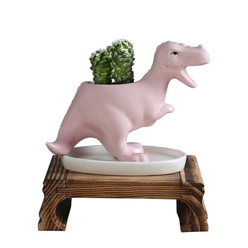 pink dino planter with drainage tray