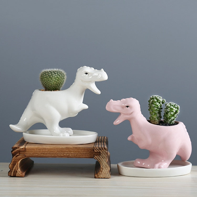 t rex dinosaur planters for cacti made of porcelin